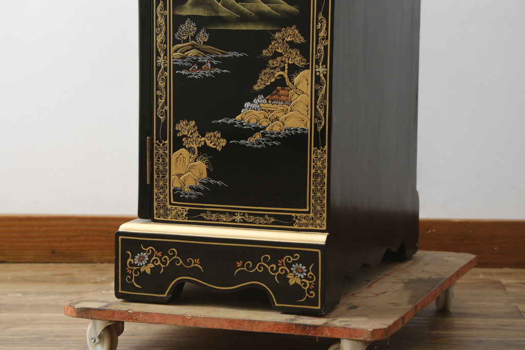 中古　高級品!!　オリエンタルデザイン　ドイツ製ムーブメント　黒塗りに金蒔絵風の絵柄が美しいホールクロック(時計台、振り子時計、ディスプレイ)(R-082944)
