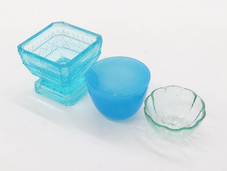 大正～昭和初期　菓子型　ギヤマン　涼やかな雰囲気の小鉢3点セット(深皿、深鉢、和ガラス、硝子)(R-083030)