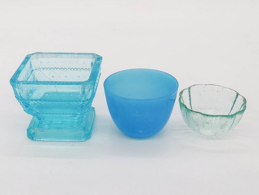 大正～昭和初期　菓子型　ギヤマン　涼やかな雰囲気の小鉢3点セット(深皿、深鉢、和ガラス、硝子)(R-083030)