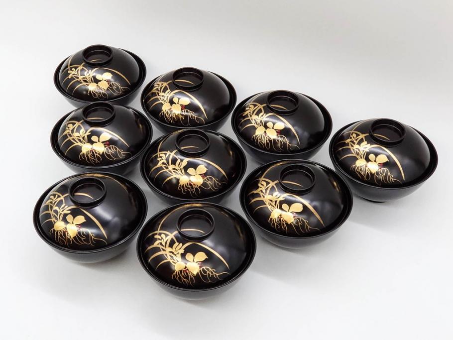 明治～大正期　輪島塗　木製　気品ある金蒔絵が美しいお椀9客セット(漆器、漆芸、蓋付き、汁椀、吸物椀、和食器)(R-083052)