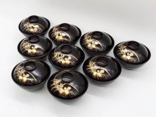 戦前　オールド香蘭社　有田焼　染付　色絵　約11cm　3.4寸　食卓を華やかに彩る蓋付き茶碗4客セット(瓢箪、ひょうたん、唐草、花、蓋茶碗、器、どんぶり、和食器、裏印、三寸四分)(R-080073)