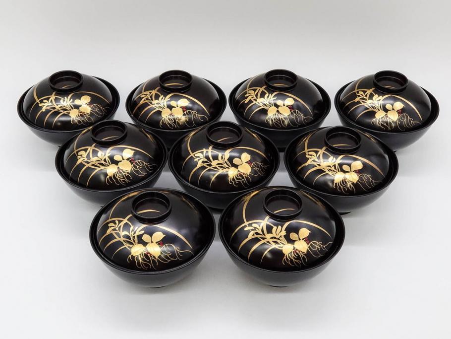 明治～大正期　輪島塗　木製　気品ある金蒔絵が美しいお椀9客セット(漆器、漆芸、蓋付き、汁椀、吸物椀、和食器)(R-083052)
