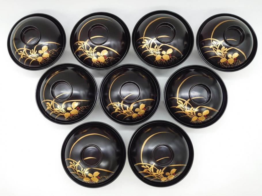 明治～大正期　輪島塗　木製　気品ある金蒔絵が美しいお椀9客セット(漆器、漆芸、蓋付き、汁椀、吸物椀、和食器)(R-083052)