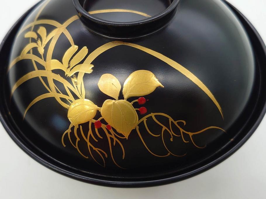 明治～大正期　輪島塗　木製　気品ある金蒔絵が美しいお椀9客セット(漆器、漆芸、蓋付き、汁椀、吸物椀、和食器)(R-083052)