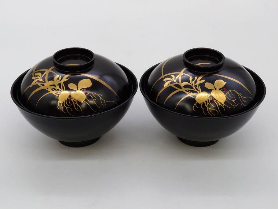明治～大正期　輪島塗　木製　気品ある金蒔絵が美しいお椀9客セット(漆器、漆芸、蓋付き、汁椀、吸物椀、和食器)(R-083052)