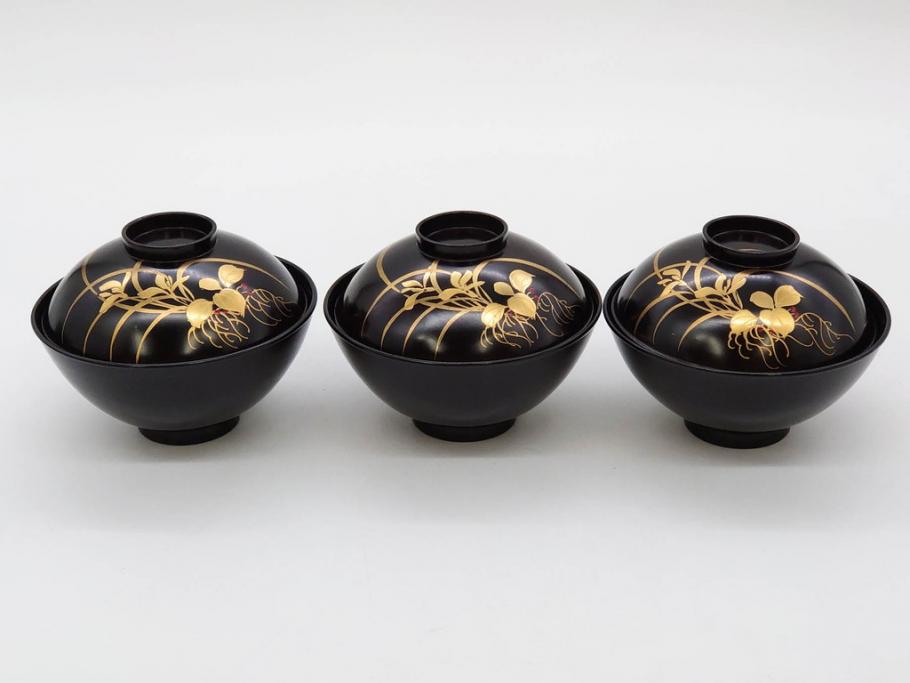 明治～大正期　輪島塗　木製　気品ある金蒔絵が美しいお椀9客セット(漆器、漆芸、蓋付き、汁椀、吸物椀、和食器)(R-083052)