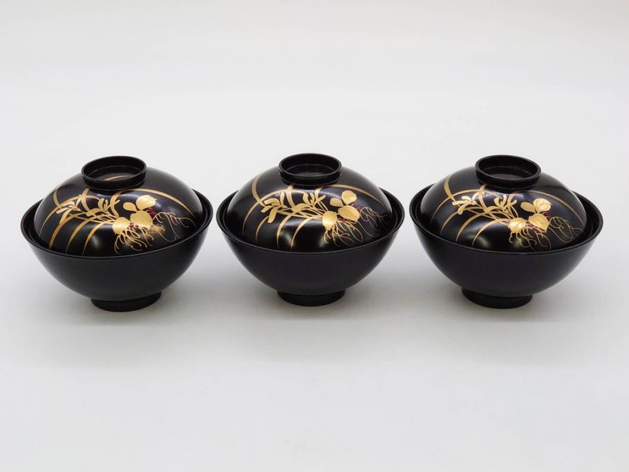 明治～大正期　輪島塗　木製　気品ある金蒔絵が美しいお椀9客セット(漆器、漆芸、蓋付き、汁椀、吸物椀、和食器)(R-083052)