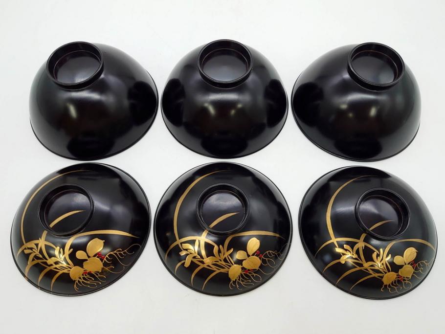 明治～大正期　輪島塗　木製　気品ある金蒔絵が美しいお椀9客セット(漆器、漆芸、蓋付き、汁椀、吸物椀、和食器)(R-083052)