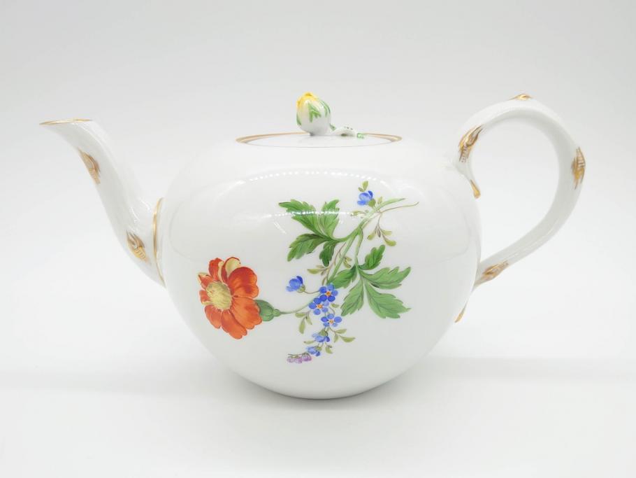 ドイツ　マイセン　Meissen　ベーシックフラワー　二つ花　花の装飾が素敵なティーポット(洋食器)(R-069961)