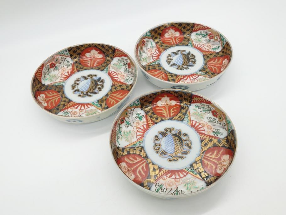 幕末〜明治期　伊万里焼　金襴手　色絵　染付　花桃文　5.4寸皿　約16.5cm　煌びやかで豪華な絵付けの深皿3枚セット(五寸四分、和皿、中皿、和食器)(R-062117)