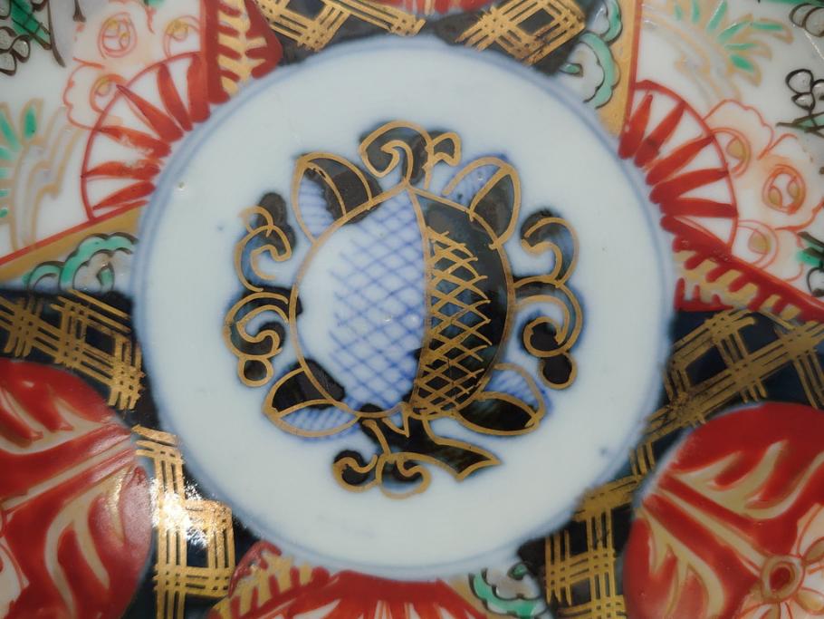 幕末〜明治期　伊万里焼　金襴手　色絵　染付　花桃文　5.4寸皿　約16.5cm　煌びやかで豪華な絵付けの深皿3枚セット(五寸四分、和皿、中皿、和食器)(R-062117)