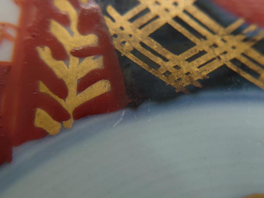 幕末〜明治期　伊万里焼　金襴手　色絵　染付　花桃文　5.4寸皿　約16.5cm　煌びやかで豪華な絵付けの深皿3枚セット(五寸四分、和皿、中皿、和食器)(R-062117)