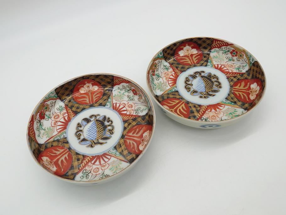 幕末〜明治期　伊万里焼　金襴手　色絵　染付　花桃文　5.4寸皿　約16.5cm　煌びやかで豪華な絵付けの深皿2枚セット(五寸四分、和皿、中皿、和食器)(R-062118)