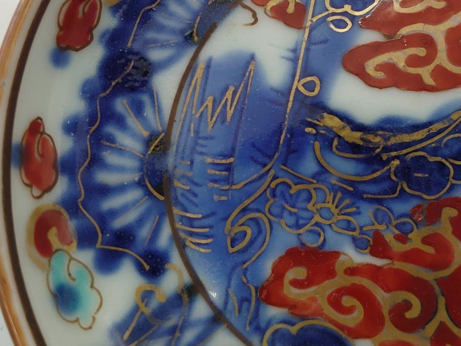明治期　伊万里　色絵　染付　金彩　梅鳥文　3.7寸皿　約11cm　食卓を鮮やかに演出する小皿5枚セット(三寸七分、和食器、和皿)(R-062129)