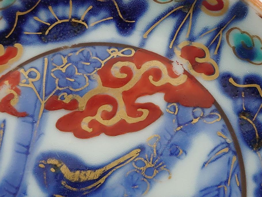 明治期　伊万里　色絵　染付　金彩　梅鳥文　3.7寸皿　約11cm　食卓を鮮やかに演出する小皿5枚セット(三寸七分、和食器、和皿)(R-062138)