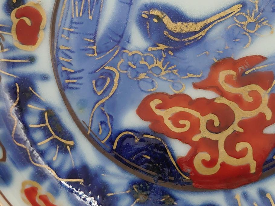 明治期　伊万里　色絵　染付　金彩　梅鳥文　3.7寸皿　約11cm　食卓を鮮やかに演出する小皿5枚セット(三寸七分、和食器、和皿)(R-062138)
