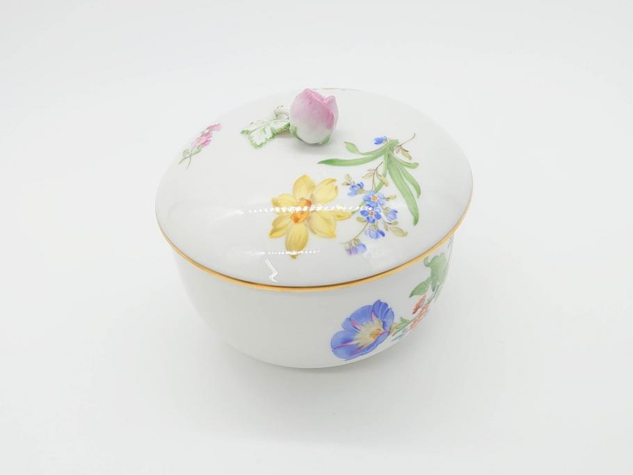 ドイツ　マイセン　Meissen　ベーシックフラワー　二つ花　置いてあるだけでもおしゃれなシュガーポット(洋食器、蓋付きボックス、ボンボン、小物入れ)(R-070192)