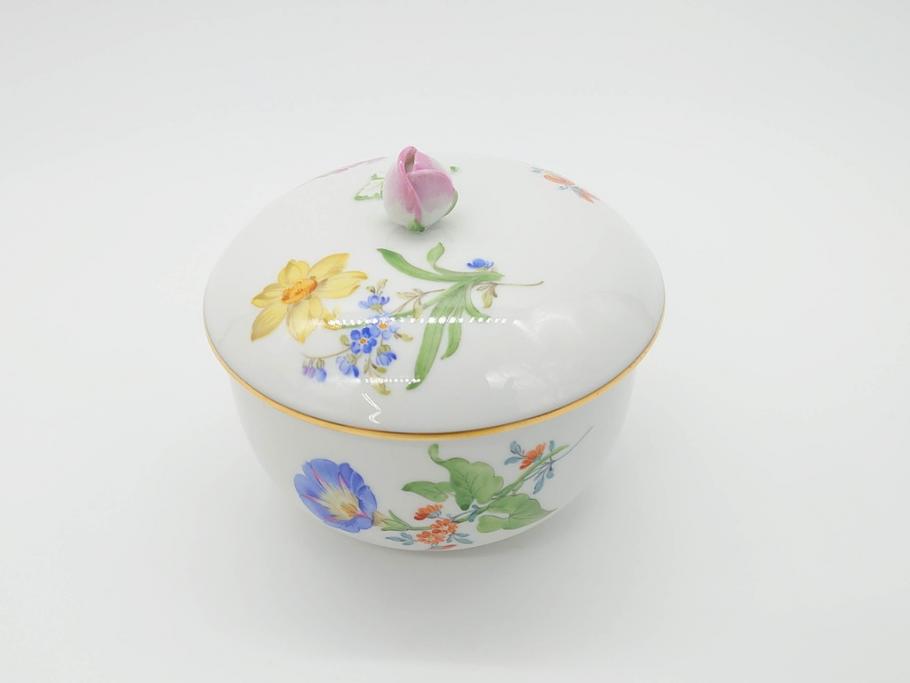 ドイツ　マイセン　Meissen　ベーシックフラワー　二つ花　置いてあるだけでもおしゃれなシュガーポット(洋食器、蓋付きボックス、ボンボン、小物入れ)(R-070192)