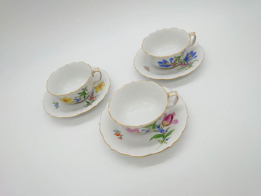 ドイツ　マイセン　Meissen　ベーシックフラワー　二つ花　ティータイムが華やかになるティーカップ&ソーサー3客セット(洋食器、C&S)(R-070195)