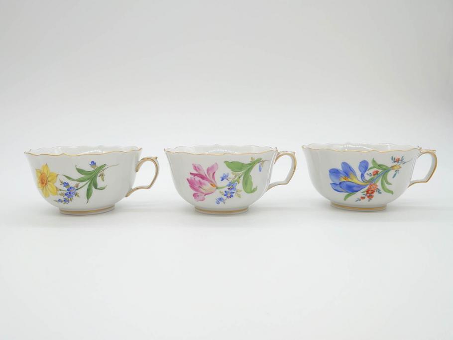 ドイツ　マイセン　Meissen　ベーシックフラワー　二つ花　ティータイムが華やかになるティーカップ&ソーサー3客セット(洋食器、C&S)(R-070195)
