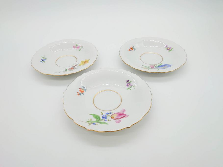 ドイツ　マイセン　Meissen　ベーシックフラワー　二つ花　ティータイムが華やかになるティーカップ&ソーサー3客セット(洋食器、C&S)(R-070195)