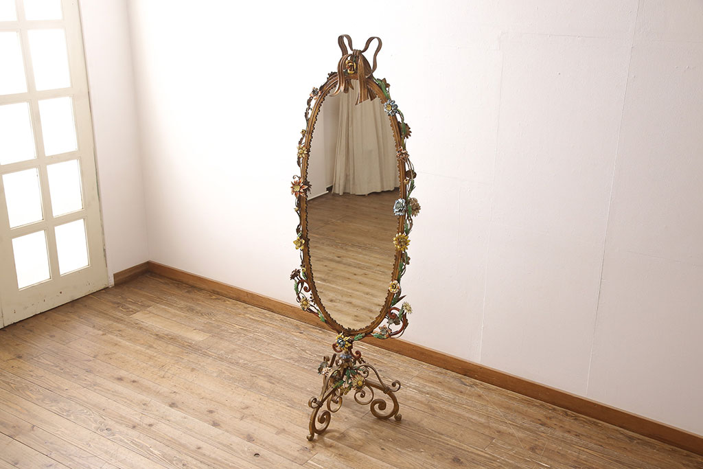 フランスビンテージ　激レア品　凝った装飾が美しい、メタルフラワーの大きな姿見(スタンドミラー、鏡)(R-052157)