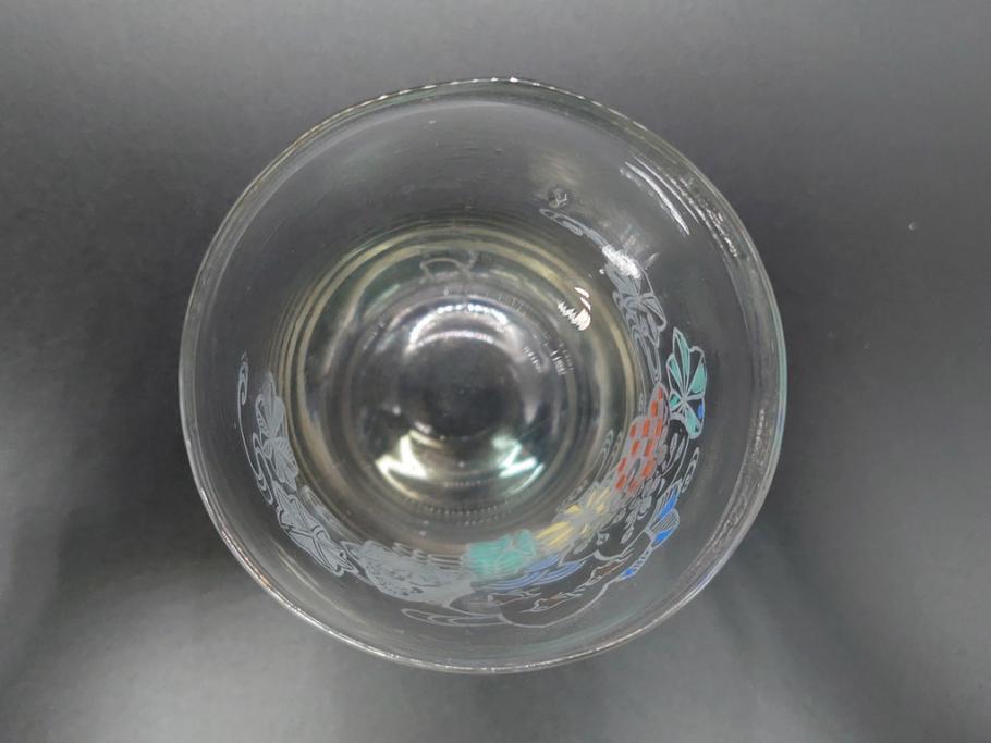 大正期　レトロ　エナメル絵付け　エナメル彩　花文　温かみのある可愛らしい絵付けが魅力のグラス6客セット(大1客、小5客)(タンブラー、グラス、グラスペインティング、ガラス)(R-062128)
