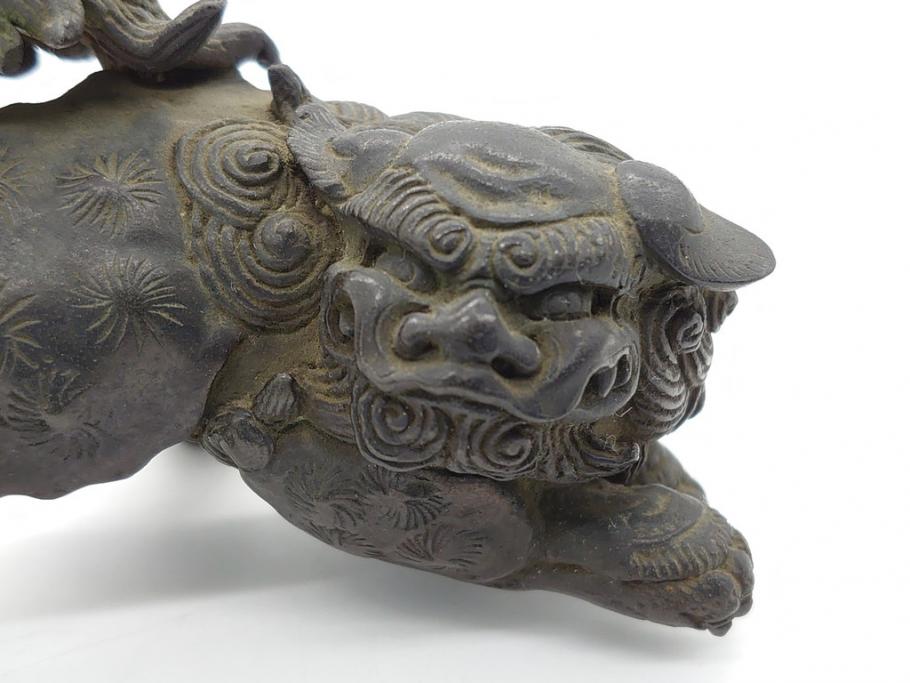 古玩 古銅 香炉 意匠を凝らした彫刻が見事な獅子2体大、小置物