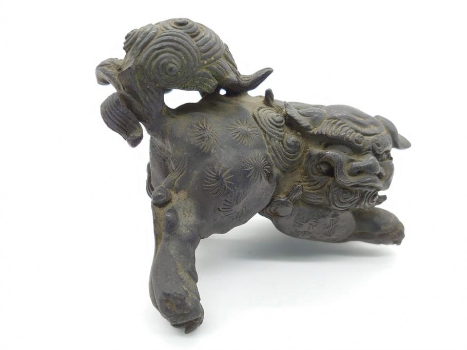古玩 古銅 香炉 意匠を凝らした彫刻が見事な獅子2体大、小置物