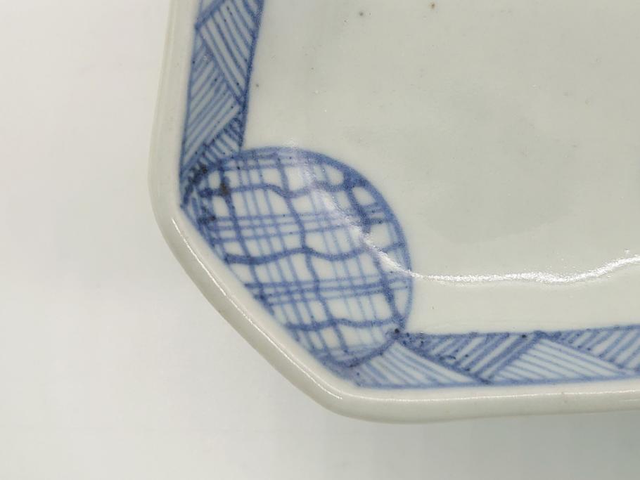 古伊万里　染付　丸紋　隅切り　5.3寸　約16cm　食卓を爽やかに彩る正角皿2客セット(葵、団花紋、五寸三分、変形皿、中皿、和皿、和食器)(R-062143)