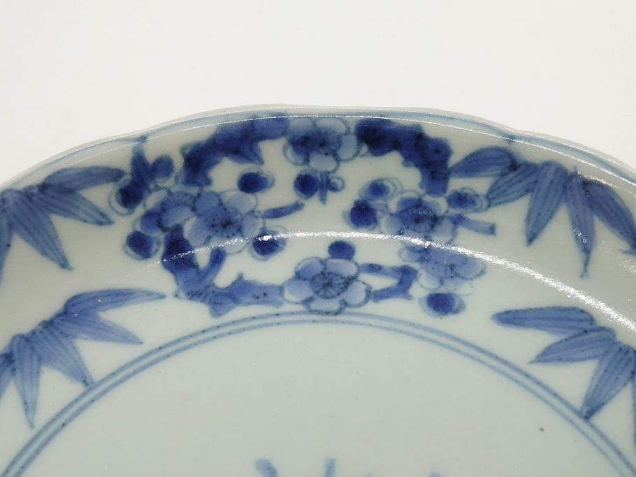江戸期　古伊万里　染付　渦福　約17cm　5.6寸　繊細に描かれた松竹梅図が素敵な中皿3枚セット(和皿、和食器、五寸六分)(R-083062)