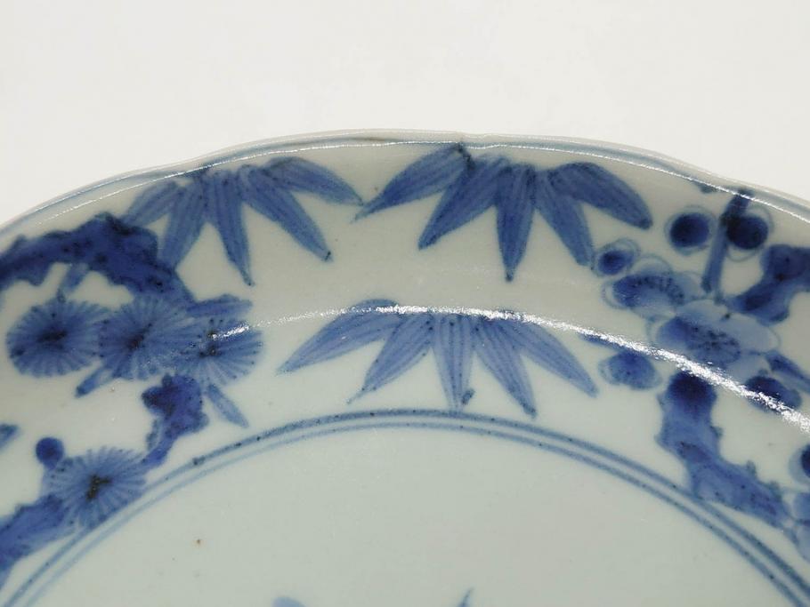 江戸期　古伊万里　染付　渦福　約17cm　5.6寸　繊細に描かれた松竹梅図が素敵な中皿3枚セット(和皿、和食器、五寸六分)(R-083062)