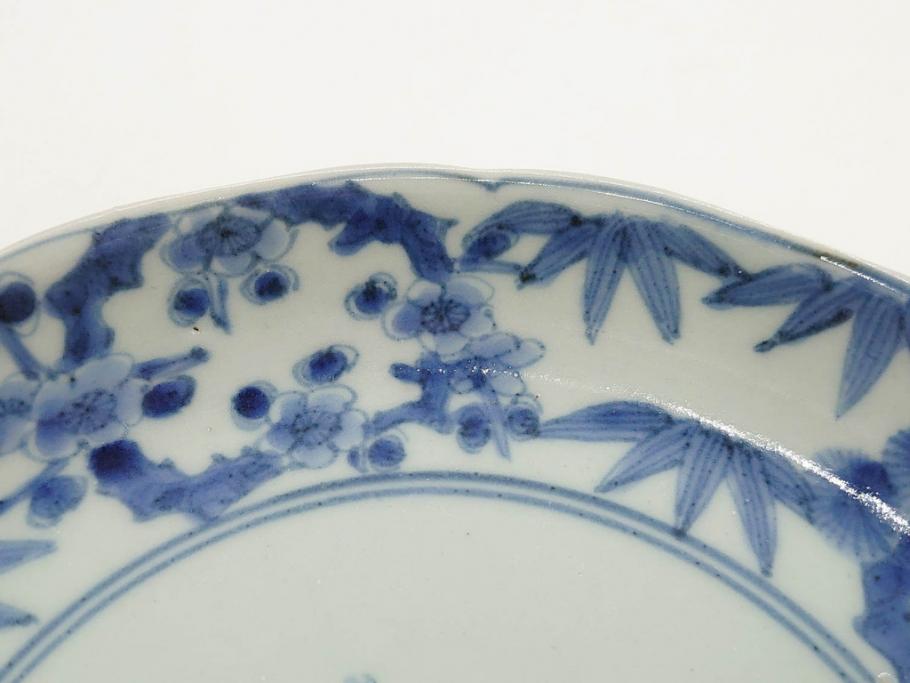 江戸期　古伊万里　染付　渦福　約17cm　5.6寸　繊細に描かれた松竹梅図が素敵な中皿3枚セット(和皿、和食器、五寸六分)(R-083062)