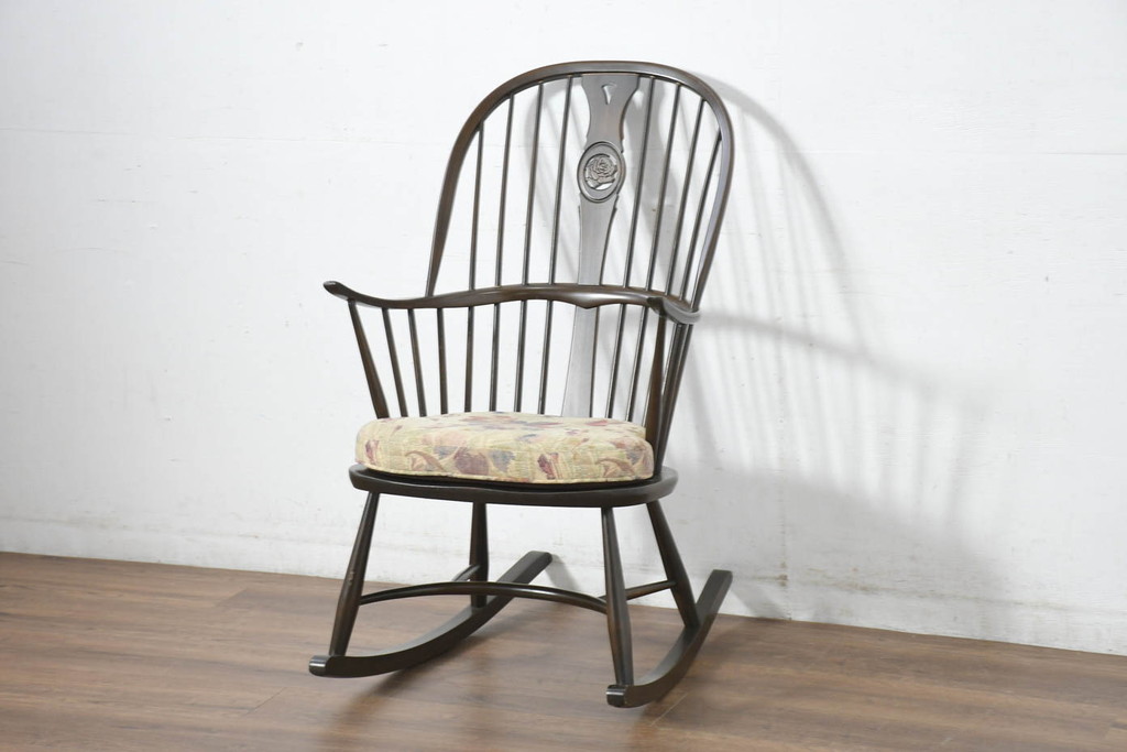 中古　美品　激レア　ERCOL(アーコール)　フラワーバッグ　Latimer(ラティマー)　美しい曲げ木と高背のデザインが特徴のロッキングチェア(ラティマーチェア、チェアメーカーズチェア、Chairmakers Chair、アームチェア、揺り椅子、イス、椅子、英国)(R-082698)