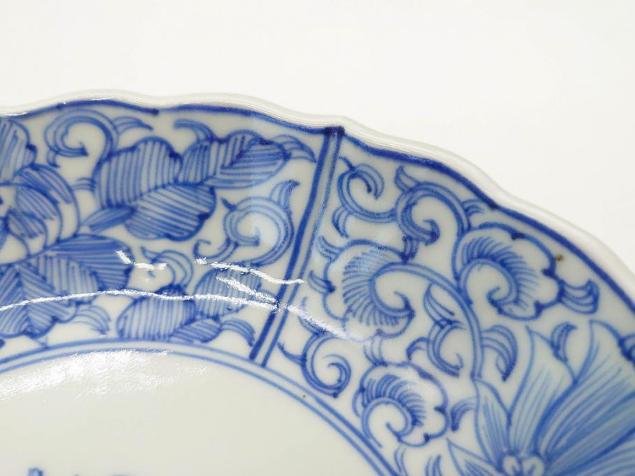 幕末〜明治期　古伊万里　染付　線描　約15cm　4.9寸　爽やかな印象を与えるなます皿5枚セット(中皿、和皿、和食器、四寸九分)(R-083063)