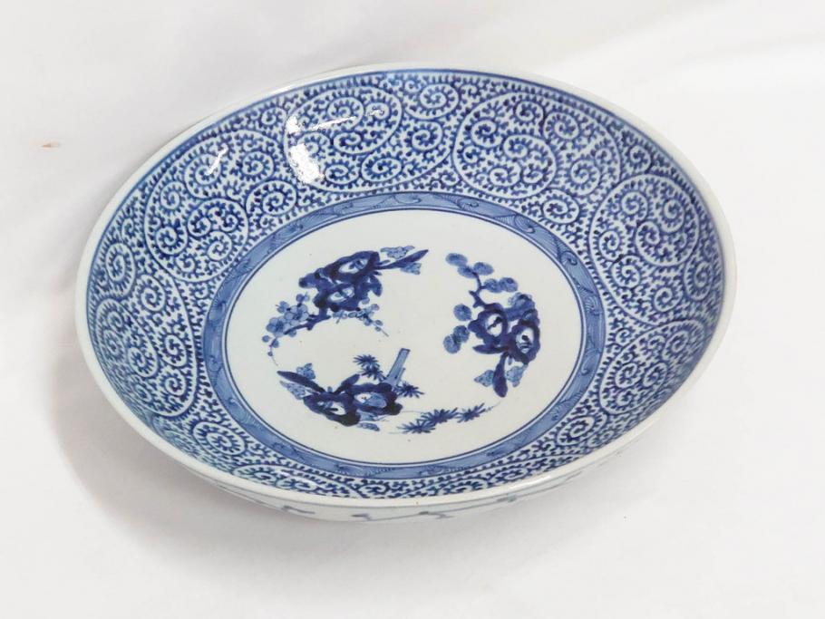 上手物　江戸期　大明成化年製　古伊万里　染付　松竹梅　1尺2寸　約36cm　蛸唐草の絵付けが見事な大皿(和食器、和皿、木箱付き、一尺二寸)(R-083071)