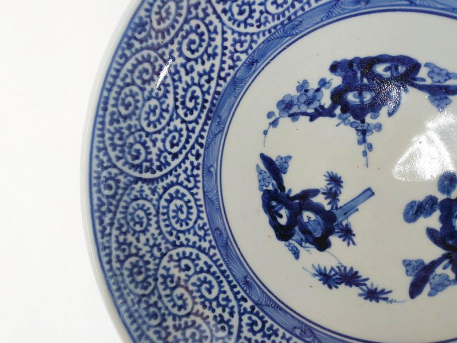 上手物　江戸期　大明成化年製　古伊万里　染付　松竹梅　1尺2寸　約36cm　蛸唐草の絵付けが見事な大皿(和食器、和皿、木箱付き、一尺二寸)(R-083071)