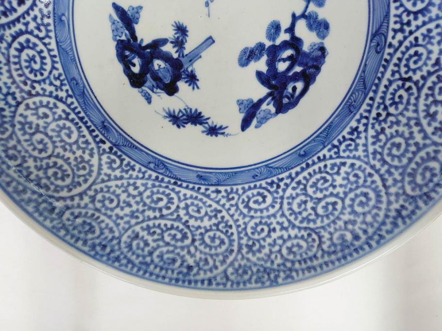 上手物　江戸期　大明成化年製　古伊万里　染付　松竹梅　1尺2寸　約36cm　蛸唐草の絵付けが見事な大皿(和食器、和皿、木箱付き、一尺二寸)(R-083071)