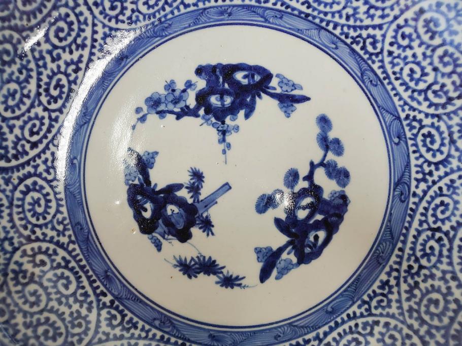 上手物　江戸期　大明成化年製　古伊万里　染付　松竹梅　1尺2寸　約36cm　蛸唐草の絵付けが見事な大皿(和食器、和皿、木箱付き、一尺二寸)(R-083071)