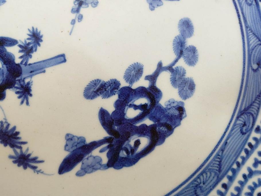 上手物　江戸期　大明成化年製　古伊万里　染付　松竹梅　1尺2寸　約36cm　蛸唐草の絵付けが見事な大皿(和食器、和皿、木箱付き、一尺二寸)(R-083071)