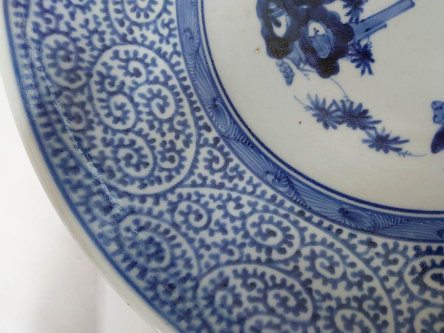 上手物　江戸期　大明成化年製　古伊万里　染付　松竹梅　1尺2寸　約36cm　蛸唐草の絵付けが見事な大皿(和食器、和皿、木箱付き、一尺二寸)(R-083071)