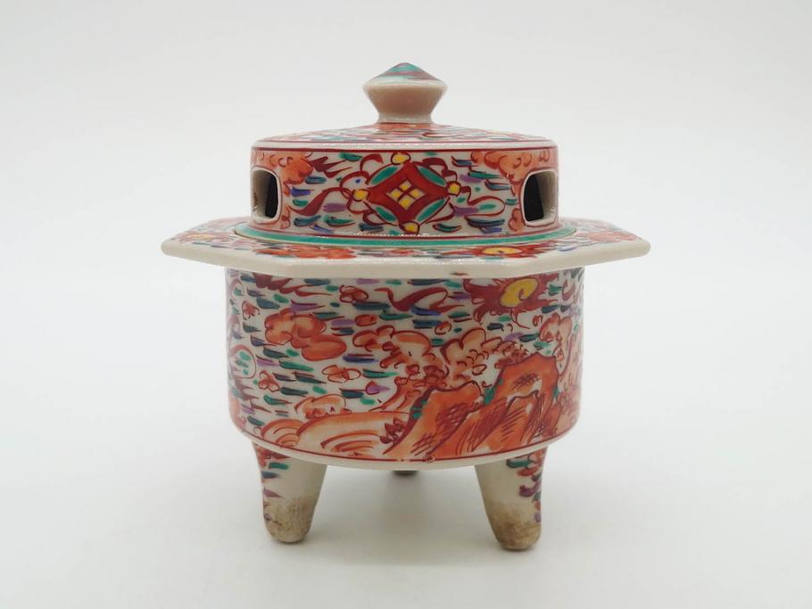 時代物　九谷焼　赤絵　福銘　龍図　細かな意匠が感じられる豪華な絵付けの三足香炉(三つ足、仏具、茶道具)(R-083074)