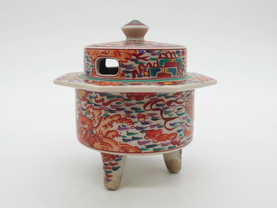 時代物　九谷焼　赤絵　福銘　龍図　細かな意匠が感じられる豪華な絵付けの三足香炉(三つ足、仏具、茶道具)(R-083074)