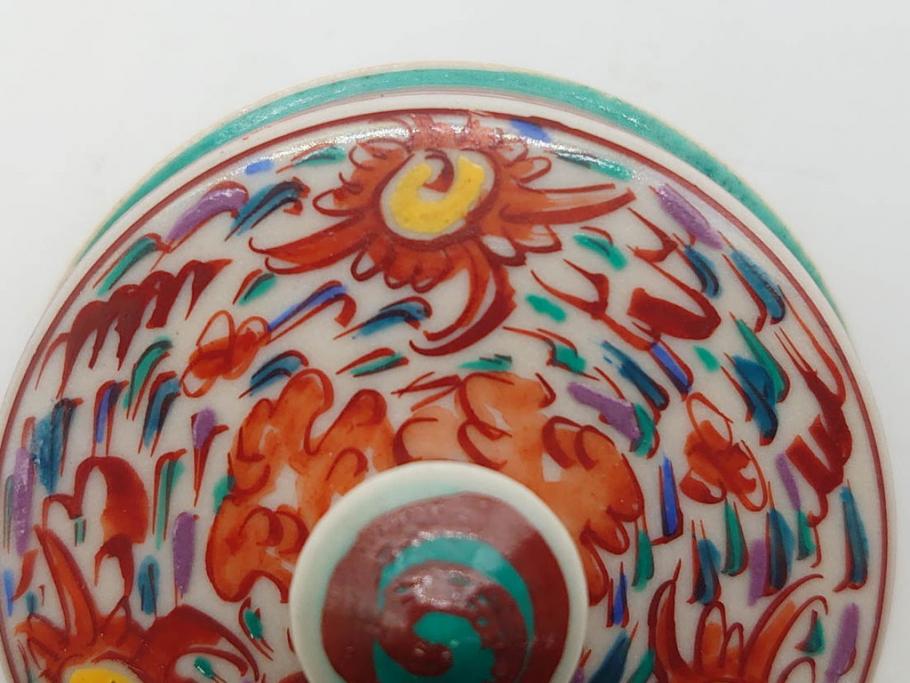 時代物　九谷焼　赤絵　福銘　龍図　細かな意匠が感じられる豪華な絵付けの三足香炉(三つ足、仏具、茶道具)(R-083074)