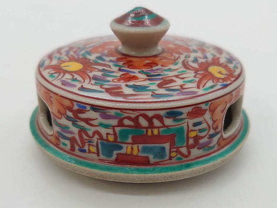時代物　九谷焼　赤絵　福銘　龍図　細かな意匠が感じられる豪華な絵付けの三足香炉(三つ足、仏具、茶道具)(R-083074)