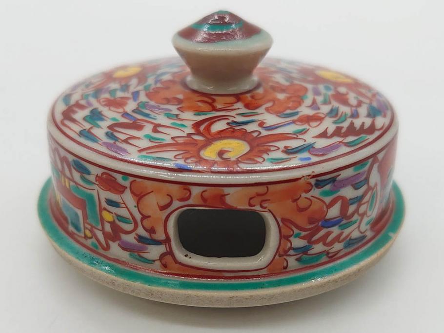 時代物　九谷焼　赤絵　福銘　龍図　細かな意匠が感じられる豪華な絵付けの三足香炉(三つ足、仏具、茶道具)(R-083074)