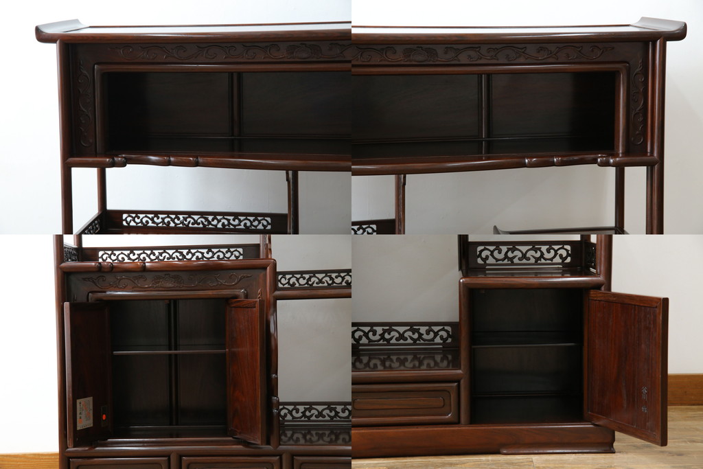 中古　美品　伝統工芸品　大阪唐木指物　唐木の老舗 岡治　紫檀(シタン)材　漆塗り　繊細かつ豪華な彫りが目を引く大振りな飾り棚(違い棚、茶棚、戸棚、収納棚)(定価約80万円)(R-072567)
