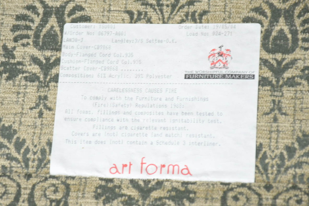 中古　美品!!　イギリス　高級品!!　英国高級家具ブランド　Art forma(アートフォーマ)　キャスター付き!上品なファブリックが魅力的な3人掛けソファ(トリプルソファ、三人掛け、3P、英国)(定価約65万円)(R-082707)