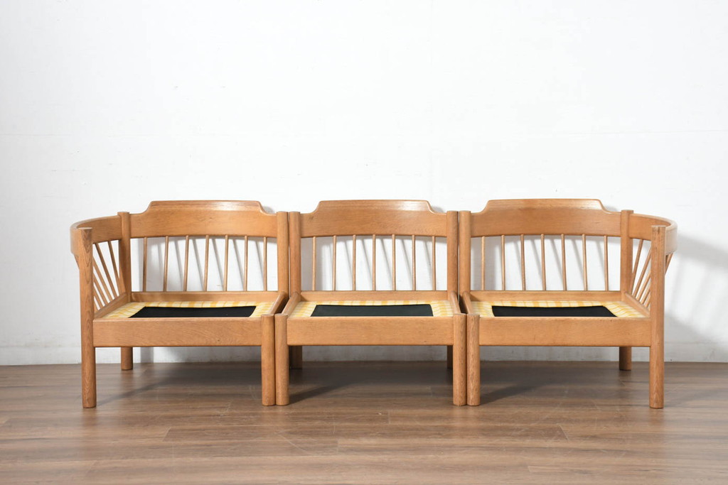 和製ビンテージ　希少デザイン　高島屋デパート別注品　北欧デザイン　ナラ材　美し曲線の背もたれのモジュール式3人掛けソファ(3P、三人掛け、リビングチェア、トリプルソファ、アームソファ、ヴィンテージ)(R-082711)