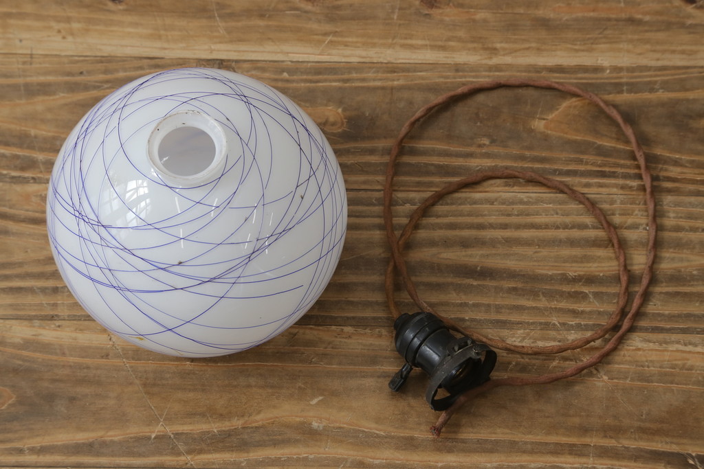 和製アンティーク　希少品!!　大正～昭和初期　青い流線模様の珍しい電笠(天井照明、吊り下げ照明、シェード、ペンダントライト)(R-083021)